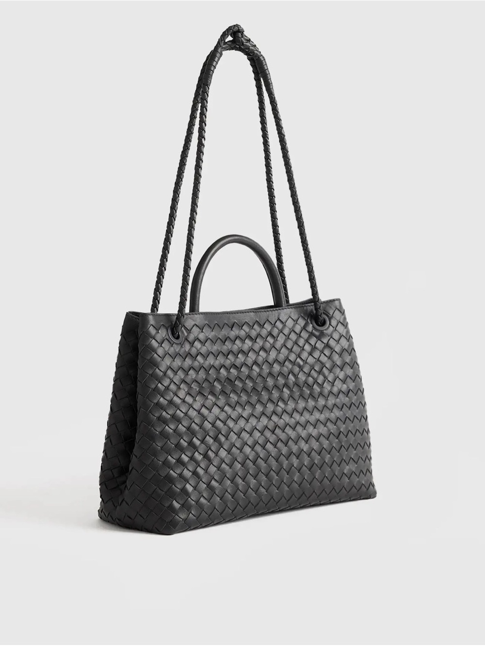 Quince Black Woven Leather Tote with Braided Shoulder Straps